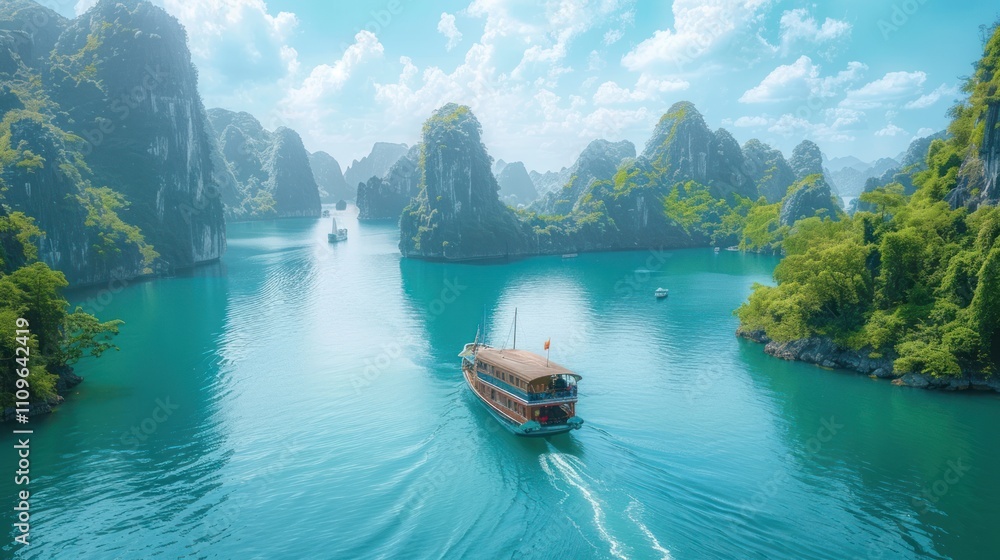 Scenic boat tour through a stunning bay with limestone karsts. Scenic boat tour through a stunning bay with limestone karsts.
