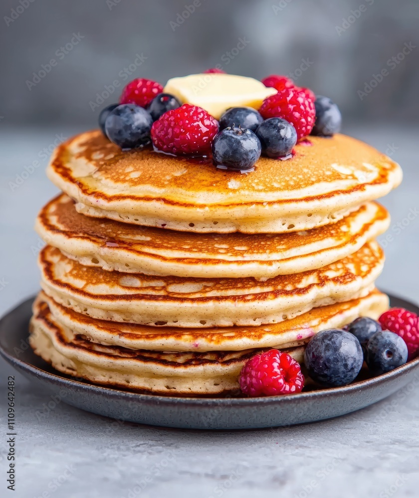 Delicious stack of fluffy pancakes topped with fresh berries Delicious stack of fluffy pancakes topped with fresh berries
