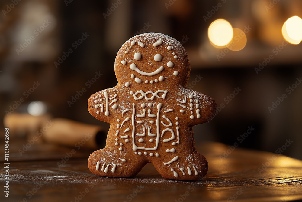 A minimalistic gingerbread cookie shaped like a man, decorated with icing and powdered sugar on a wooden surface A minimalistic gingerbread cookie shaped like a man, decorated with icing and powdered sugar on a wooden surface