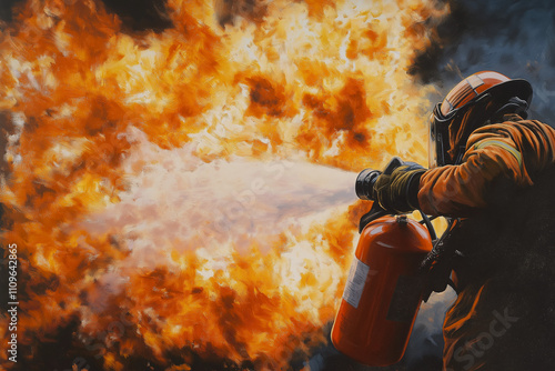 Feuerwehrmann beim Löschen eines Feuers mit einem Feuerlöscher

