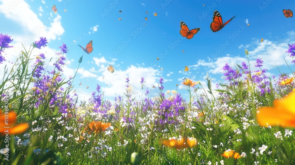 Vibrant Meadow Filled with Colorful Wildflowers and Fluttering Butterflies Under a Bright Blue Sky on a Beautiful Spring Day Vibrant Meadow Filled with Colorful Wildflowers and Fluttering Butterflies Under a Bright Blue Sky on a Beautiful Spring Day