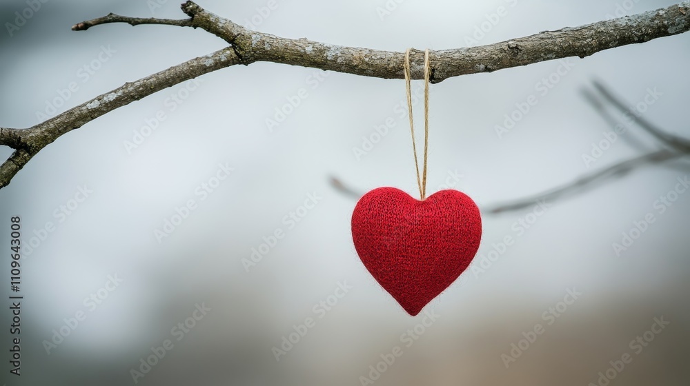 A close-up of a red heart ornament hanging from a bare tree branch against a blurred background A close-up of a red heart ornament hanging from a bare tree branch against a blurred background