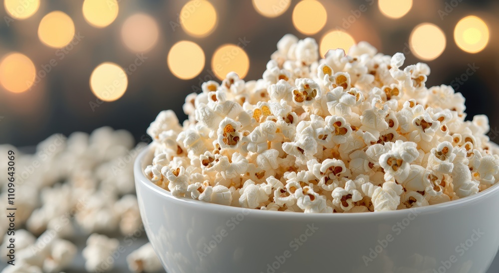 Freshly popped popcorn in a white bowl with blurred lights in the background Freshly popped popcorn in a white bowl with blurred lights in the background