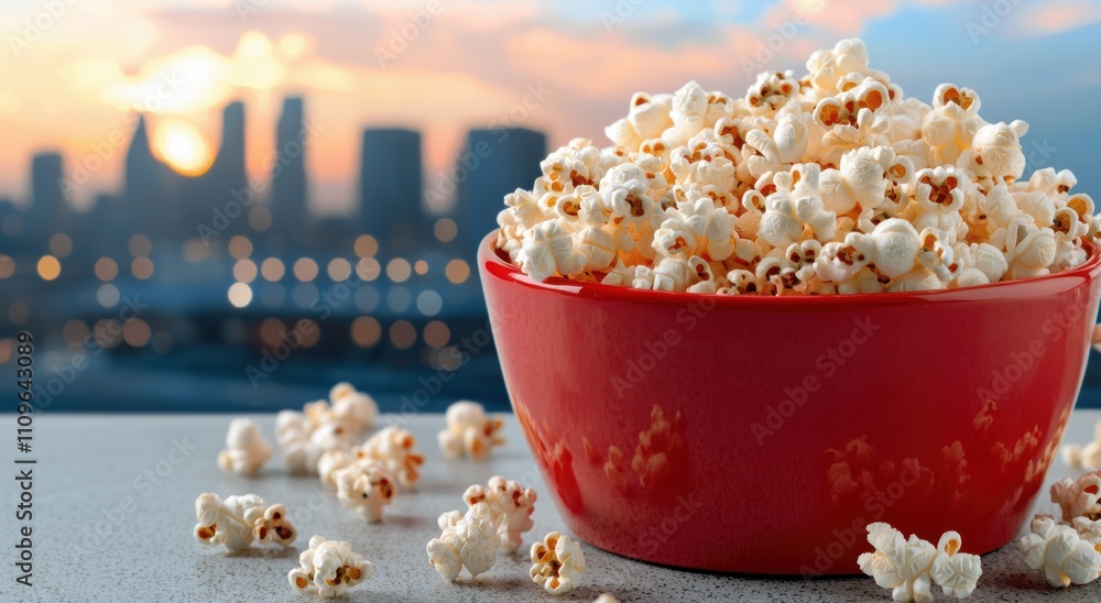 Delicious popcorn in a red bowl with a city skyline in the background Delicious popcorn in a red bowl with a city skyline in the background