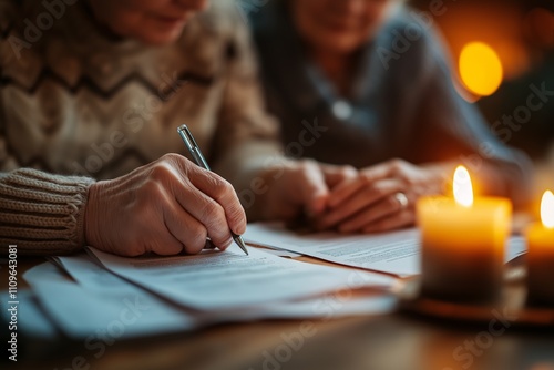 Senior adults reviewing and signing legal documents together in cozy home environment illuminated by warm candlelight on a winter evening