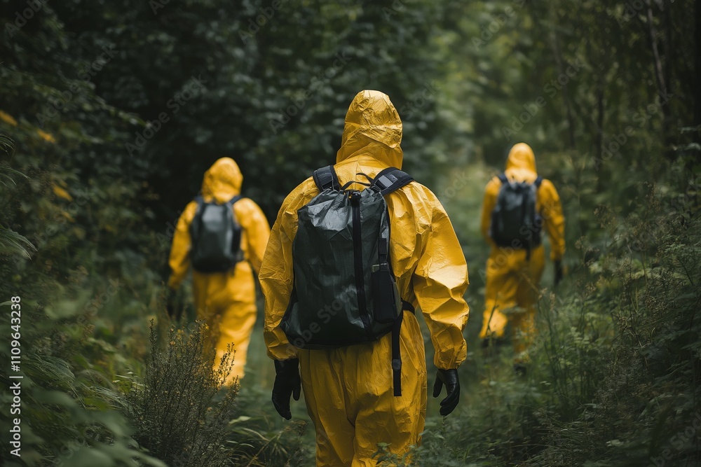 A group of people in yellow protective suits with backpacks walking through a dense, lush green forest for research A group of people in yellow protective suits with backpacks walking through a dense, lush green forest for research