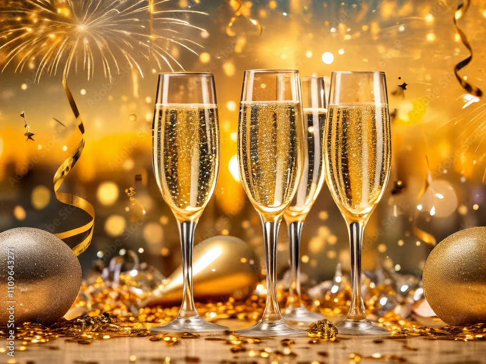 A festive New Year's Eve scene featuring a beautifully decorated table with elegant champagne flutes filled with bubbly, surrounded by sparkling gold confetti and colorful streamers. A festive New Year's Eve scene featuring a beautifully decorated table with elegant champagne flutes filled with bubbly, surrounded by sparkling gold confetti and colorful streamers.