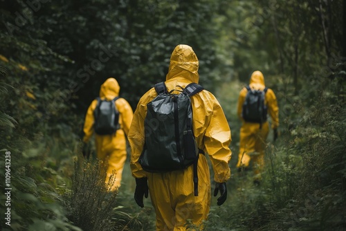 A group of people in yellow protective suits with backpacks walking through a dense, lush green forest for research