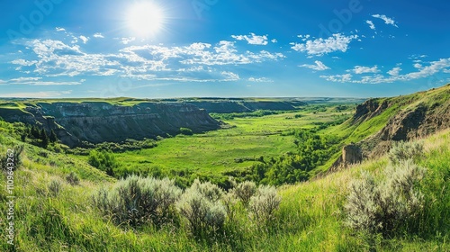 Breathtaking Landscape of Lush Green Valleys Under a Bright Sky in a Remote Canyon with Clear Blue Waters and Vibrant Flora in the Distance