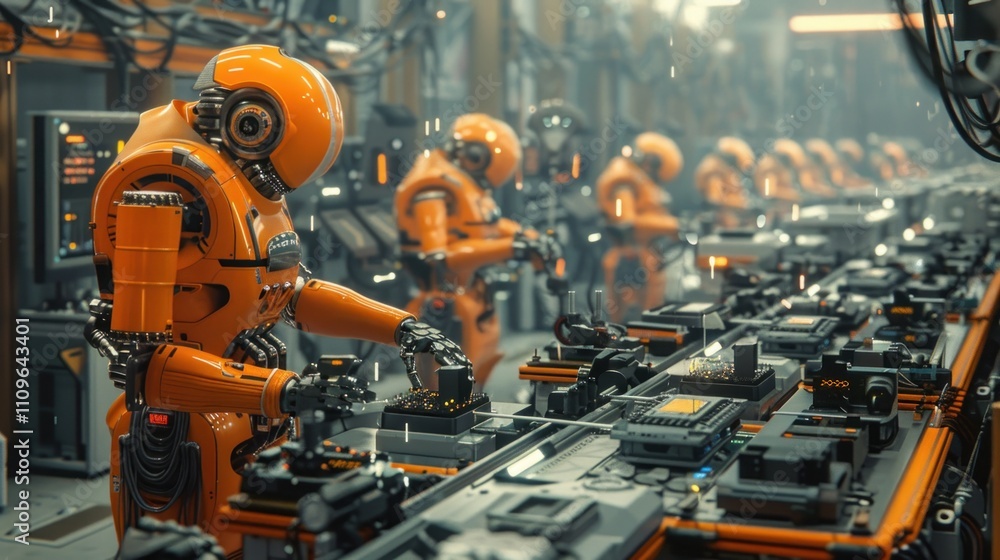 Orange robots on futuristic assembly line. Orange robots on futuristic assembly line.