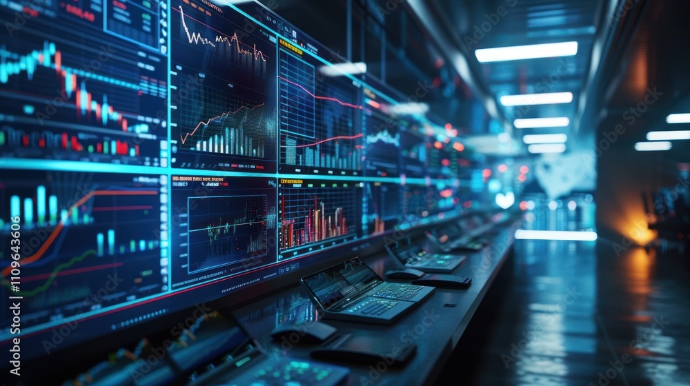 Futuristic control room with multiple screens displaying financial data. Futuristic control room with multiple screens displaying financial data.