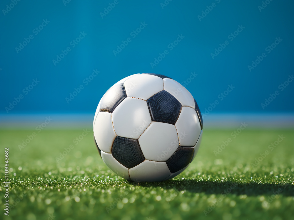 Fototapeta premium Miniature soccer ball on artificial turf with football goals in the background