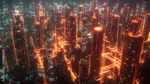 A digital cityscape glowing with orange lights, showcasing tall buildings and futuristic urban architecture.