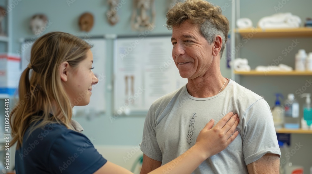 Female therapist examining male patient's chest. Female therapist examining male patient's chest.
