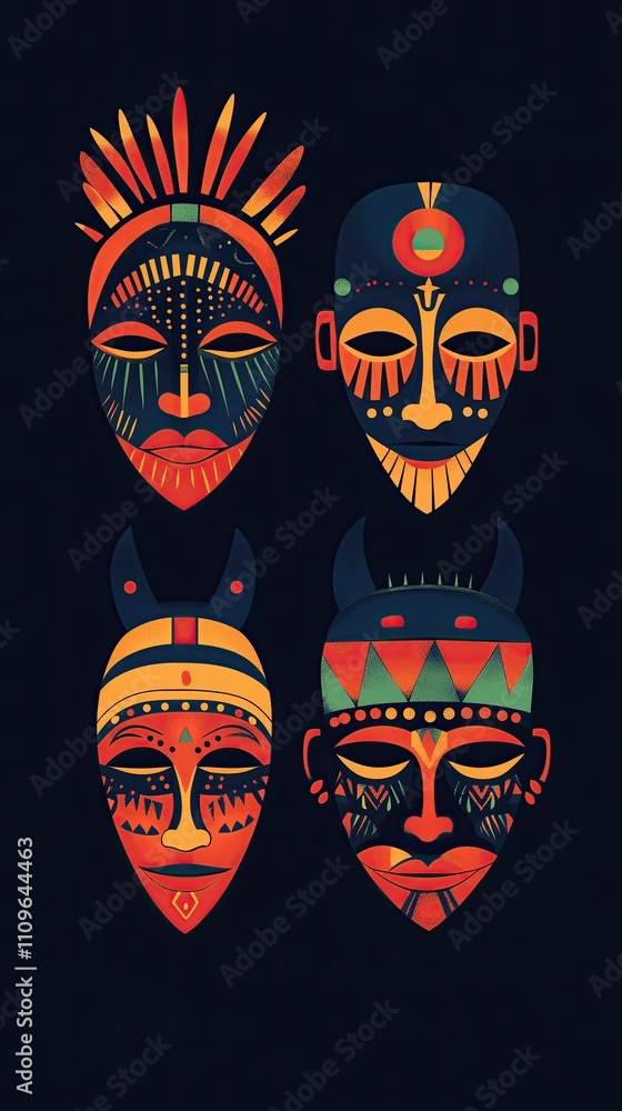 Vibrant african tribal masks with geometric patterns on black background Vibrant african tribal masks with geometric patterns on black background