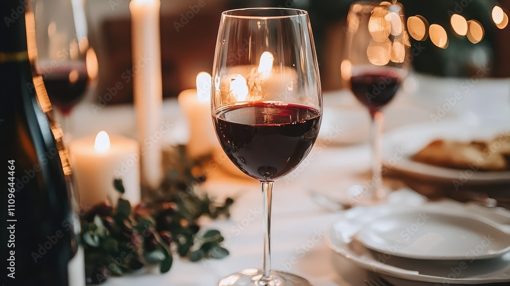 Romantic Dinner Setup Featuring Red Wine and Candles on a Table Surrounded by Soft Lighting, Ideal for Celebrations and Intimate Gatherings Romantic Dinner Setup Featuring Red Wine and Candles on a Table Surrounded by Soft Lighting, Ideal for Celebrations and Intimate Gatherings