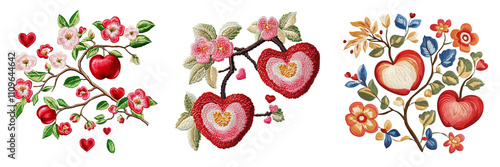 Set of textile asian traditional embroidery pattern and digital Appel with sweet hearts degain isolated on a transparent background photo