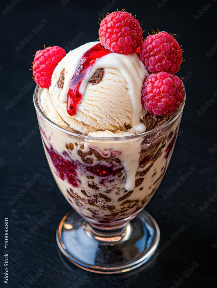 Delicious raspberry ice cream dessert with fresh raspberries Delicious raspberry ice cream dessert with fresh raspberries