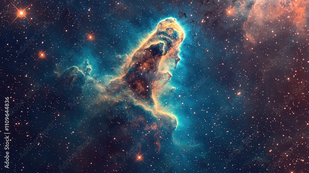 Obraz premium Stunning Cosmic Nebula Displaying Brilliant Blues and Oranges, Filled with Sparkling Stars and Ethereal Gas Clouds Captured in the Depths of Space