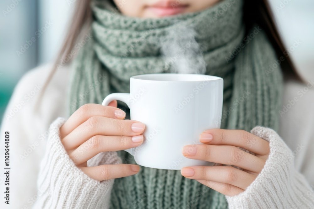 Asian woman in scarf enjoys steaming mug in minimalist kitchen setting during chilly day Asian woman in scarf enjoys steaming mug in minimalist kitchen setting during chilly day