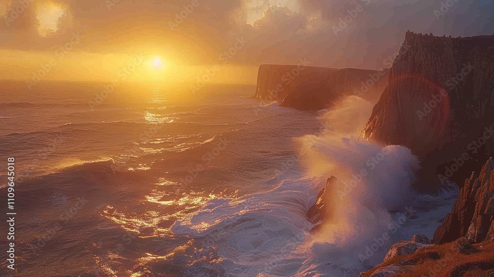 Fototapeta premium Dramatic sunset over ocean cliffs with crashing waves. (1)