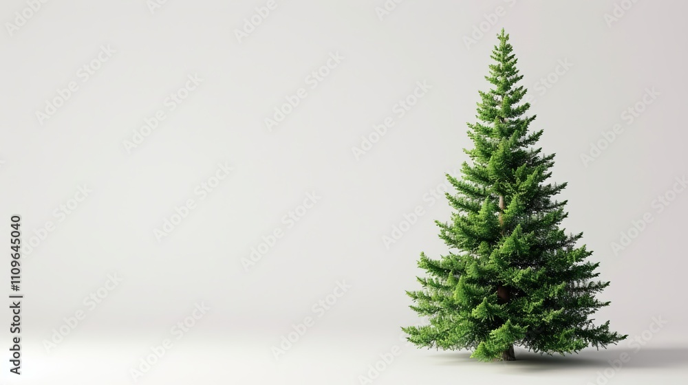 A large green pine tree stands alone in a white background. Copy place. A large green pine tree stands alone in a white background. Copy place.