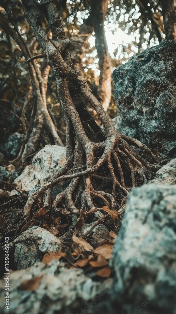 Obraz premium Intricate Root System of a Tree Nestled Among Natural Rocks in a Forested Environment, Capturing the Beauty and Resilience of Nature's Understory