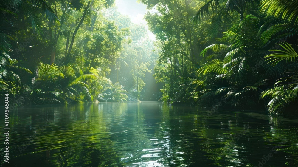 Lush jungle river scene with sunlight streaming through canopy. Lush jungle river scene with sunlight streaming through canopy.