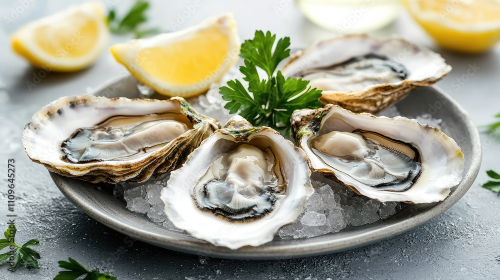 Freshly Shucked Oysters on Ice with Lemon Slices and Garnishing Herbs Decorate a Rustic Plate Ideal for Culinary Photography and Seafood Dishes Freshly Shucked Oysters on Ice with Lemon Slices and Garnishing Herbs Decorate a Rustic Plate Ideal for Culinary Photography and Seafood Dishes