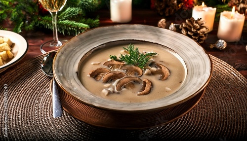 mushroom soup polish christmas eve dinner at eye level focusing on meal photo