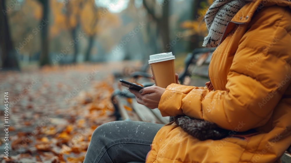 Woman using phone, holding coffee, autumn park bench. Woman using phone, holding coffee, autumn park bench.