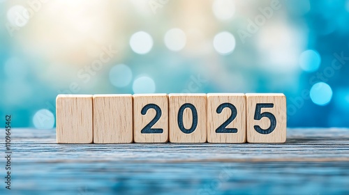 2025 number written on wooden bloacks, new year event. Blurred teal background. photo