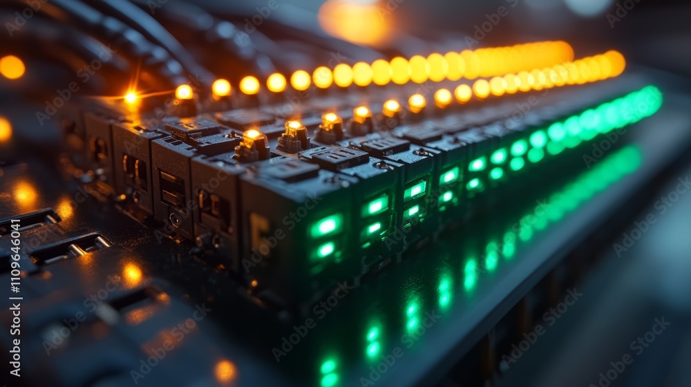 Bright orange and green lights illuminate the circuit board, showcasing the intricate connections in a captivating nighttime display Bright orange and green lights illuminate the circuit board, showcasing the intricate connections in a captivating nighttime display