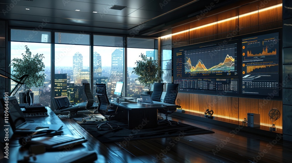 Modern luxury office with city view, large screen displaying financial data. Modern luxury office with city view, large screen displaying financial data.