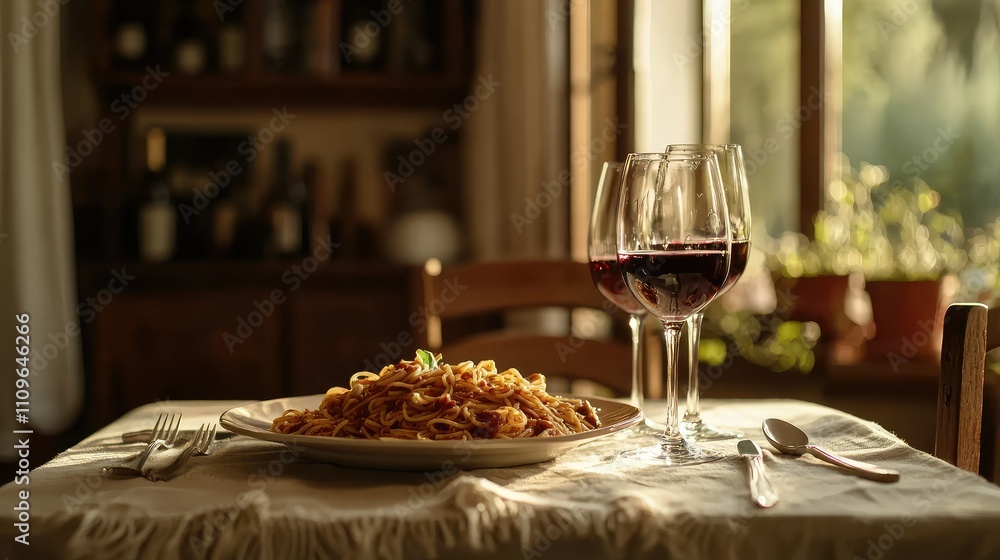 Cozy Italian Dining Experience with Plate of Fresh Pasta and Glasses of Red Wine on Rustic Table in Warm Natural Light Cozy Italian Dining Experience with Plate of Fresh Pasta and Glasses of Red Wine on Rustic Table in Warm Natural Light