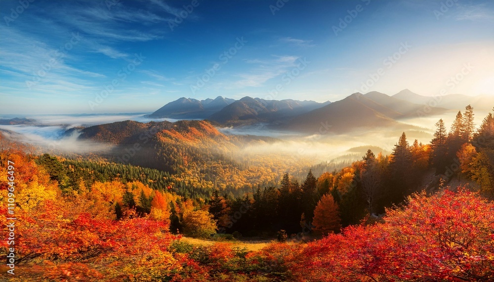 panoramic autumn forest landscape with view of mountain misty valley and colorful autumn forest enchanted autumn foggy forest with red and yellow falling leaves on the ground window to nature panoramic autumn forest landscape with view of mountain misty valley and colorful autumn forest enchanted autumn foggy forest with red and yellow falling leaves on the ground window to nature