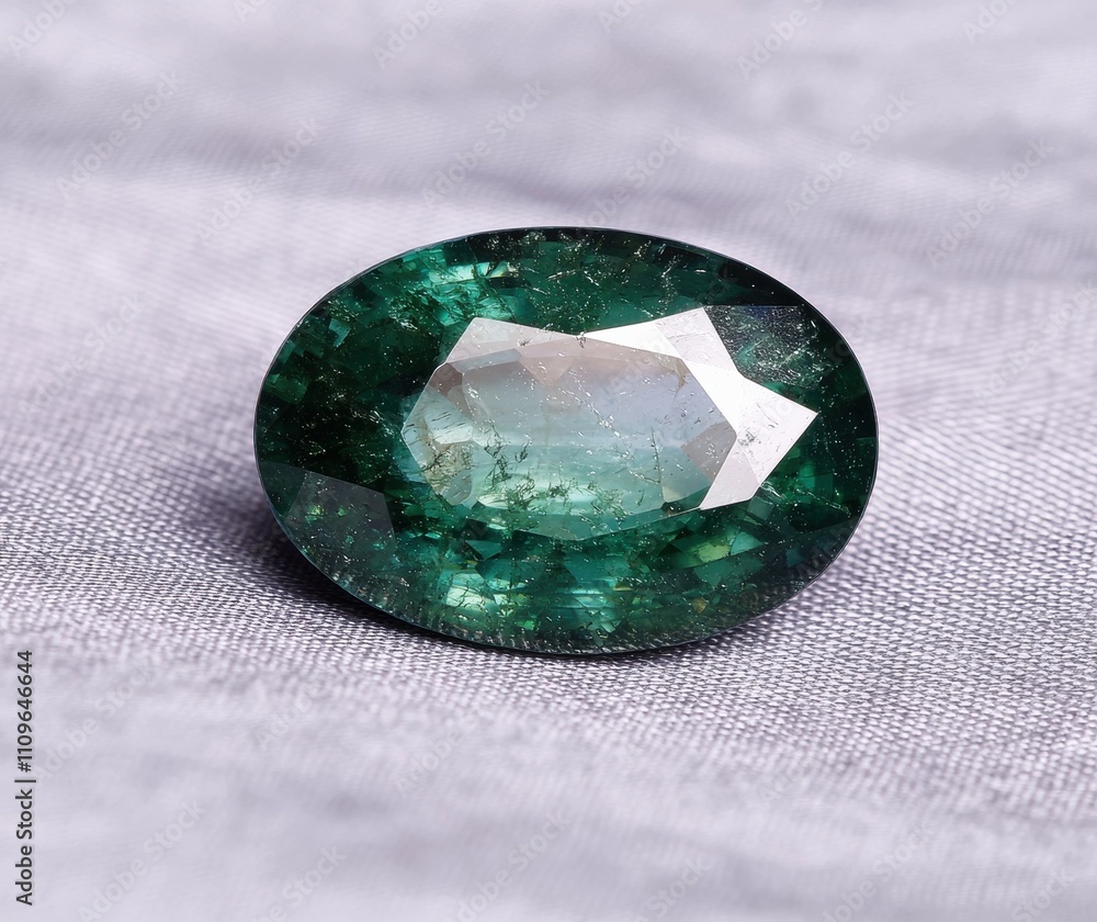 Oval-shaped emerald gemstone on gray fabric Oval-shaped emerald gemstone on gray fabric