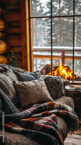 Cozy cabin living room with warm blanket and soft pillows, showcasing a beautiful fireplace and serene winter scenery through the window photo