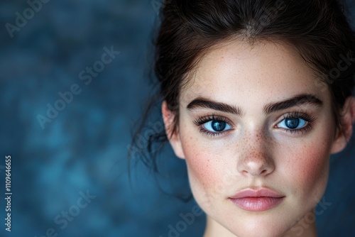 Captivating blue-eyed woman with flawless skin and natural makeup photo