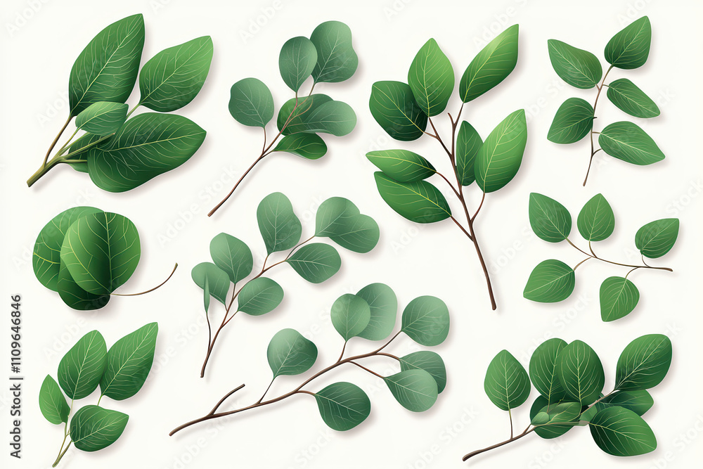 Obraz premium Various green leaves arranged beautifully, showcasing diverse shapes and textures. This collection highlights beauty of nature and can be used for various design projects