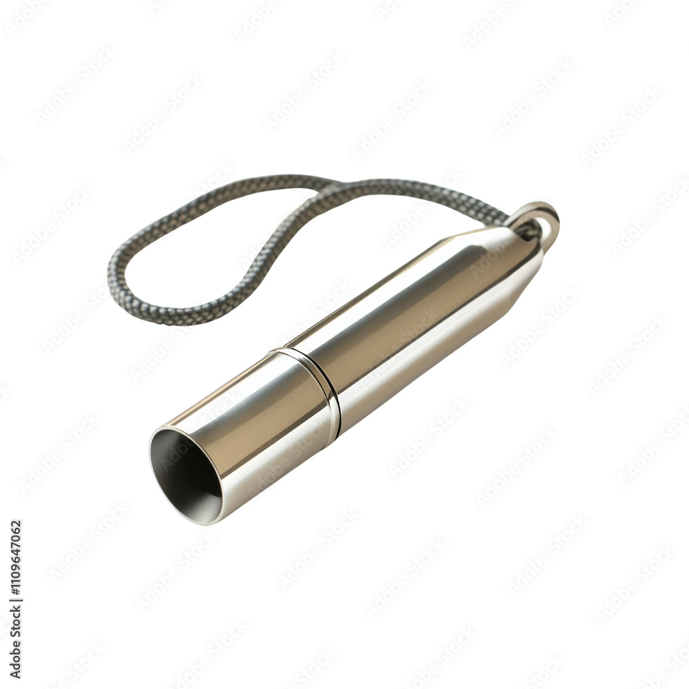 A whistle with a sleek metallic finish and a nylon cord isolated on a white background A whistle with a sleek metallic finish and a nylon cord isolated on a white background
