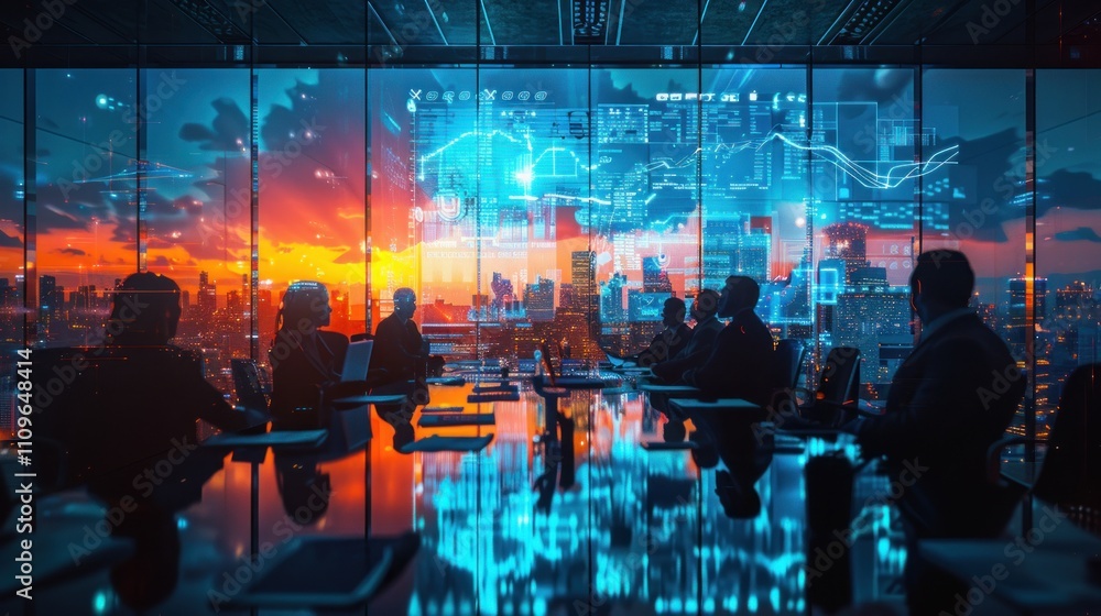 Silhouetted business team meeting in modern office, city skyline & financial data projected on window. Silhouetted business team meeting in modern office, city skyline & financial data projected on window.