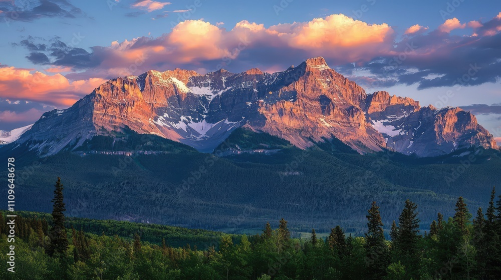 Obraz premium Majestic Rocky Mountain Range at Sunset with Vivid Orange and Pink Clouds Over Snow-Capped Peaks and Lush Green Foreground Creating Breathtaking Natural Scenery