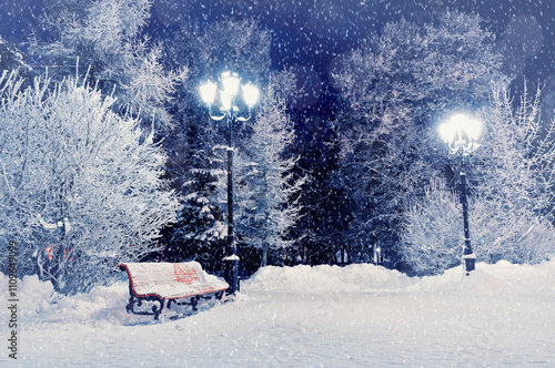 Winter night landscape scene of snow covered bench among snowy winter trees and shining night lights photo