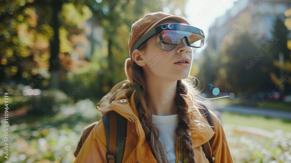 Woman using smart glasses outdoors in park. Woman using smart glasses outdoors in park.