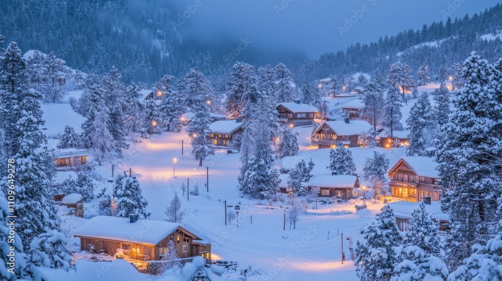 Snowy Village with Cozy Cabin Lights at Dusk Snowy Village with Cozy Cabin Lights at Dusk