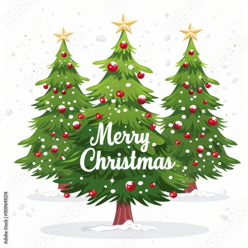 Christmas card. Christmas tree is decorated with red and green balls. Merry Christmas is written on the tree.