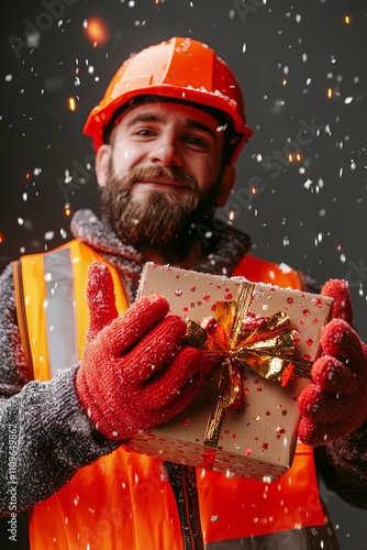Caucasian male construction worker in winter holding a wrapped gift box