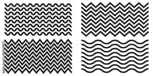 Wave line and wavy zigzag lines. Vector black underlines, smooth end squiggly horizontal, squiggles. Wavy, waving, line. Zig-zag, criss-cross lines vector illustration. Undulate, billowy effect lines.