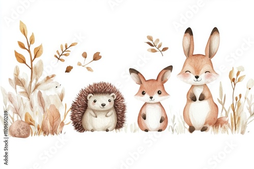 Watercolor image of a Safari Animal set with a rabbit, raccoon, fox, hedgehog, and deer in the forest, depicted in isolation. photo